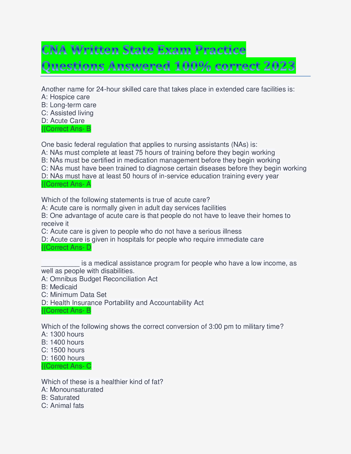 Preview image for CNA Written State Exam Practice Questions Answered 100% correct 2023